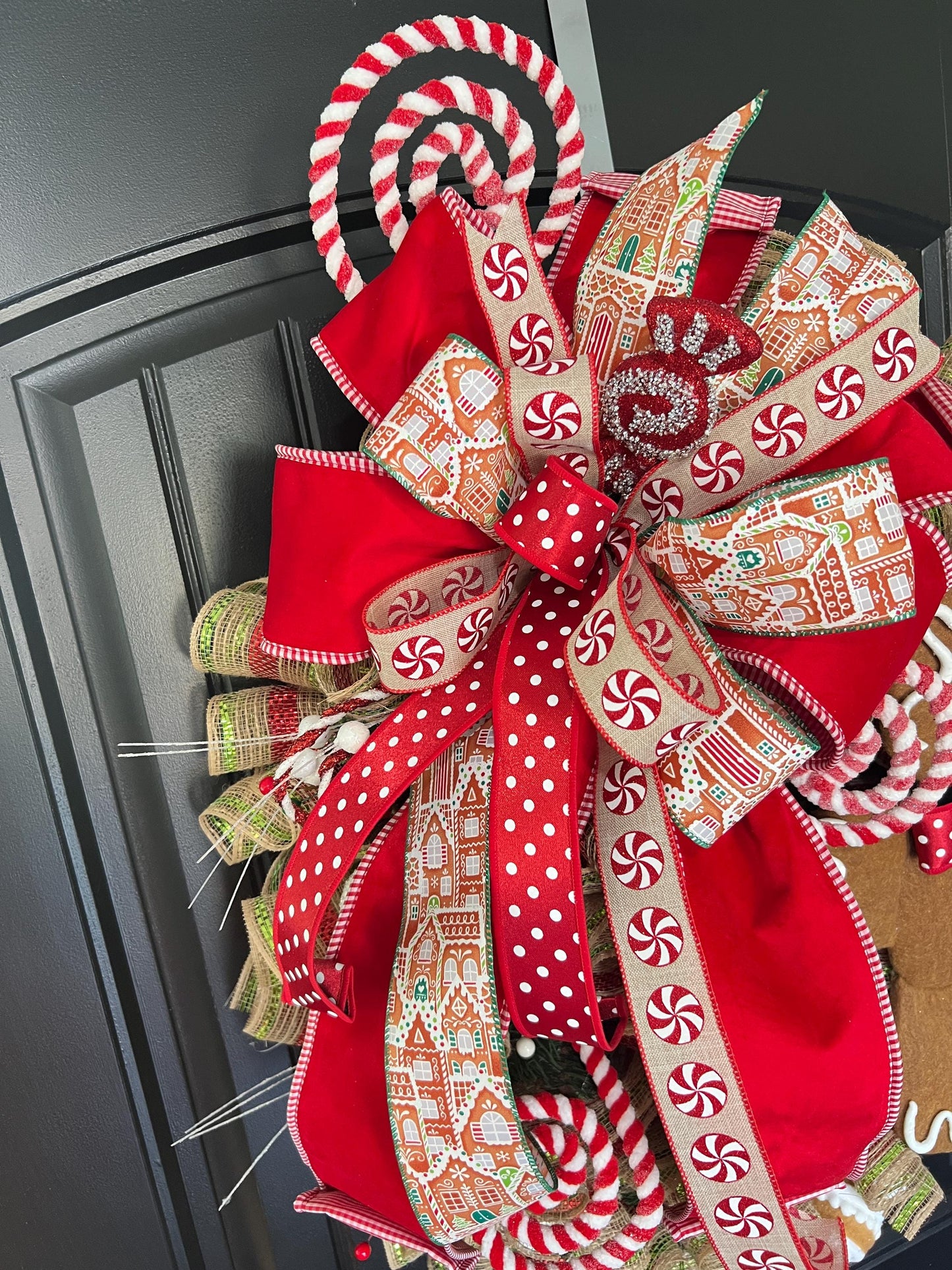 Large Gingerbread Christmas Wreath, Red Peppermint Candy Front Door Decor, 30 Inch