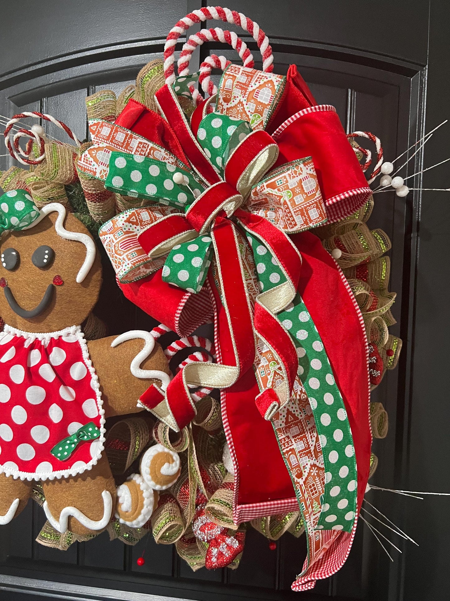Handmade Gingerbread Girl Christmas Wreath, Candy Cane Holiday Decor, Red Green Bow