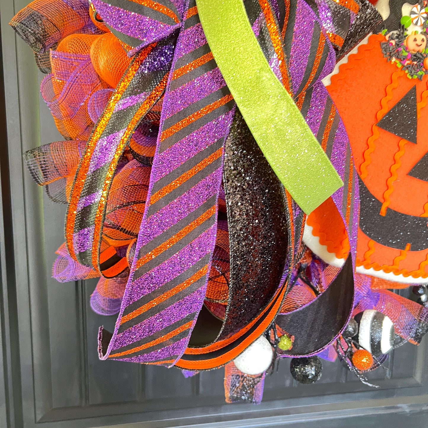Halloween Pumpkin Cookie Mesh Wreath, Jack O" Lantern Wreath, Front Door Decor, Fun Halloween Decoration
