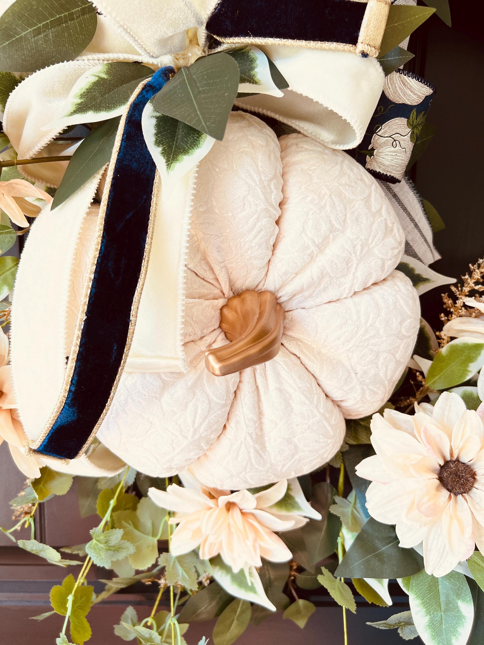 Cream Velvet Pumpkin Wreath, Neutral Farmhouse Autumn Door Decor