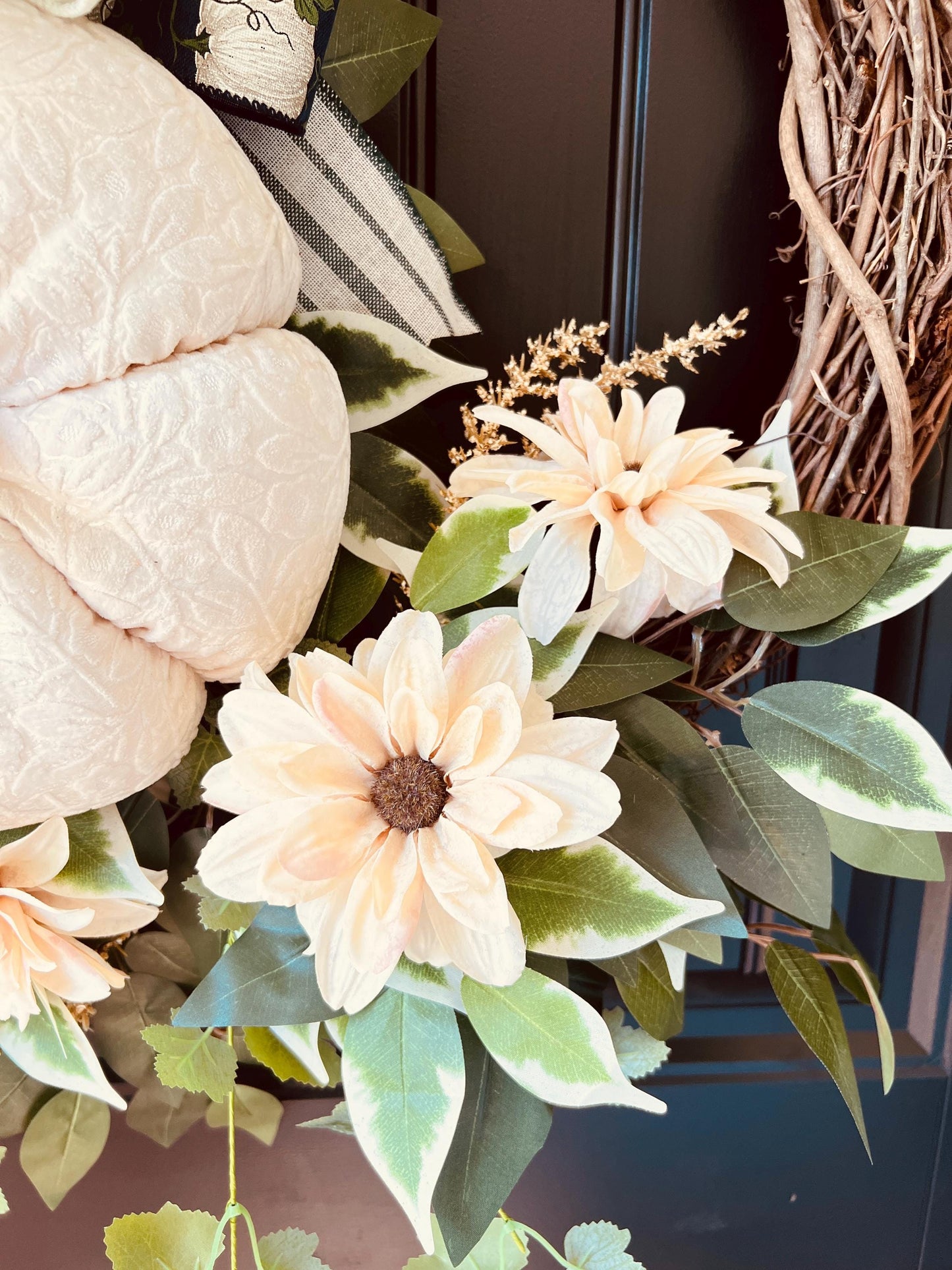 Cream Velvet Pumpkin Wreath, Neutral Farmhouse Autumn Door Decor