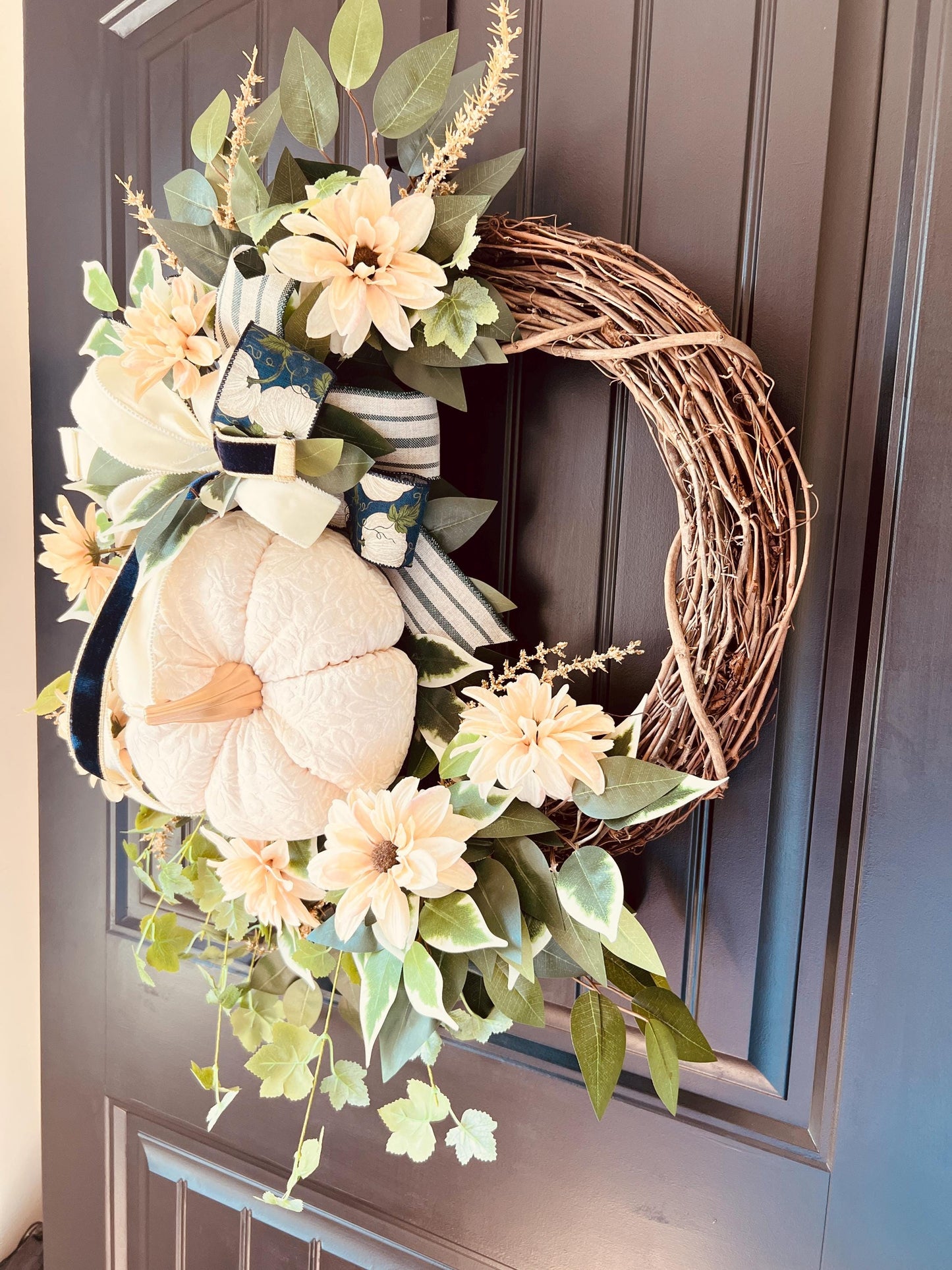 Cream Velvet Pumpkin Wreath, Neutral Farmhouse Autumn Door Decor