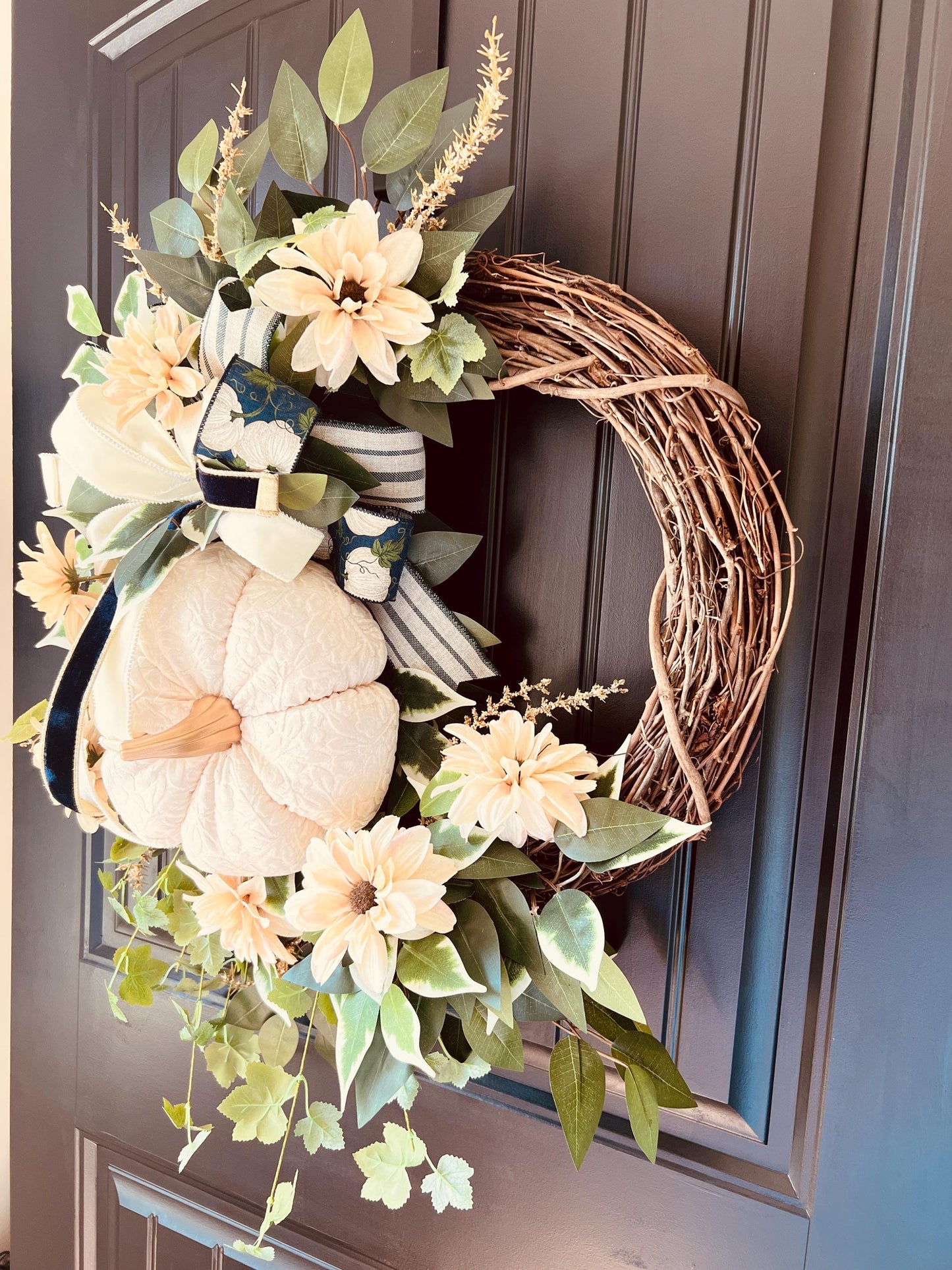 Cream Velvet Pumpkin Wreath, Neutral Farmhouse Autumn Door Decor