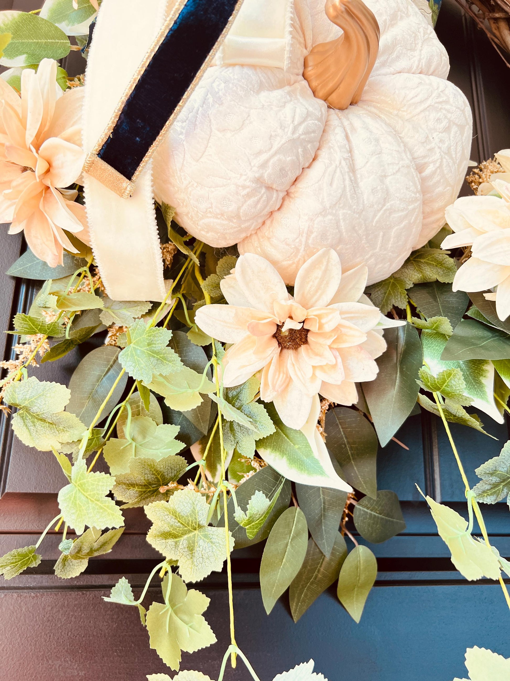 Cream Velvet Pumpkin Wreath, Neutral Farmhouse Autumn Door Decor
