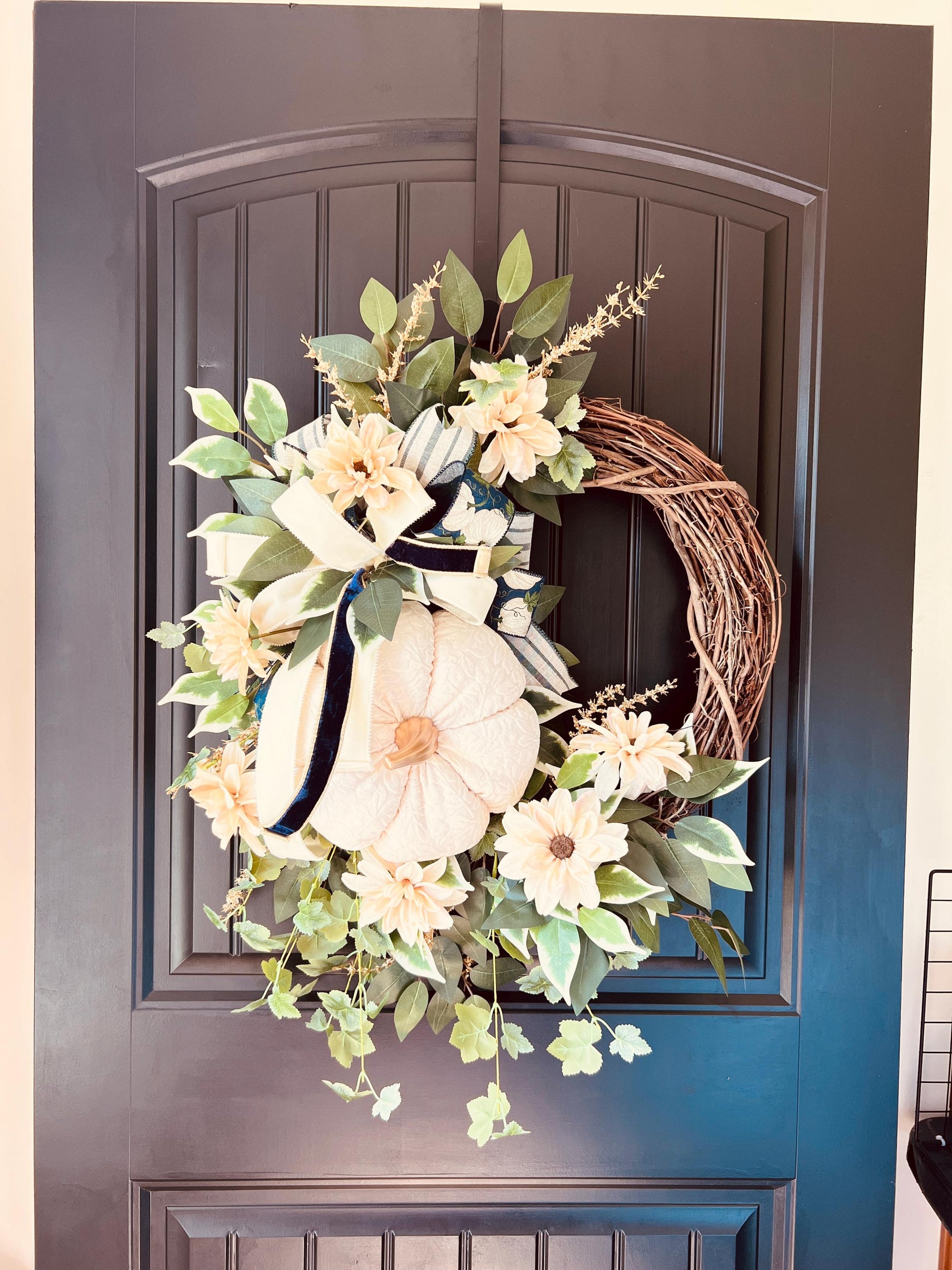 Cream Velvet Pumpkin Wreath, Neutral Farmhouse Autumn Door Decor