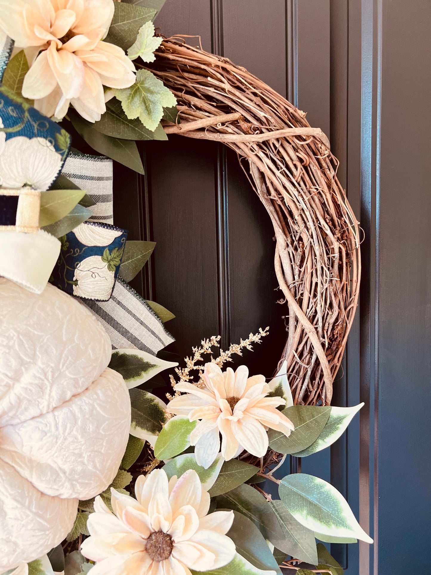 Cream Velvet Pumpkin Wreath, Neutral Farmhouse Autumn Door Decor
