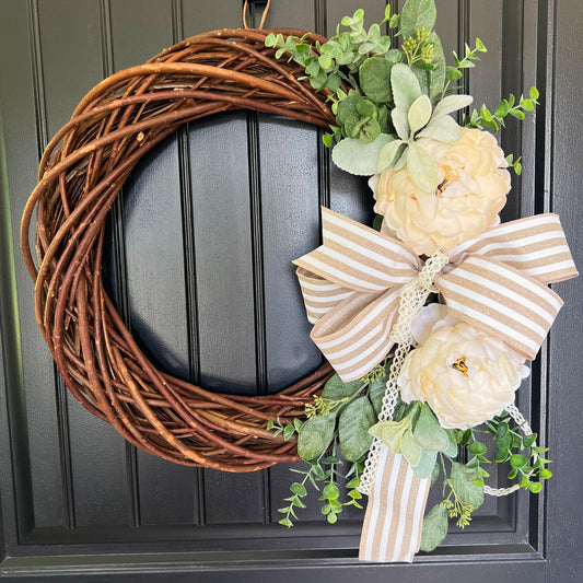 Handcrafted Willow Wreath, Cream Peony Floral Decor, Farmhouse Front Door Accent