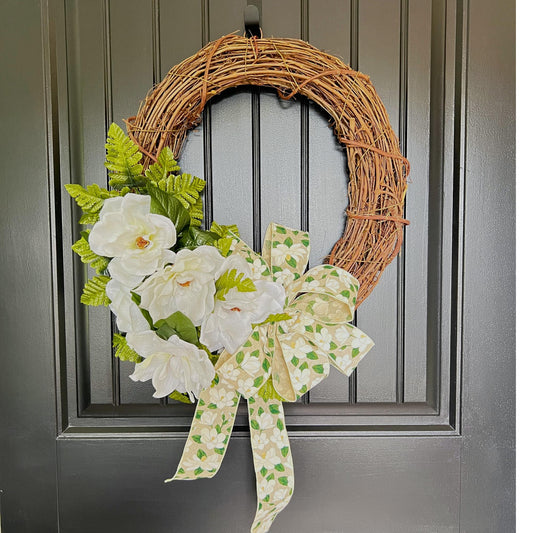 Handcrafted Magnolia Grapevine Wreath, Farmhouse White Floral Door Decor