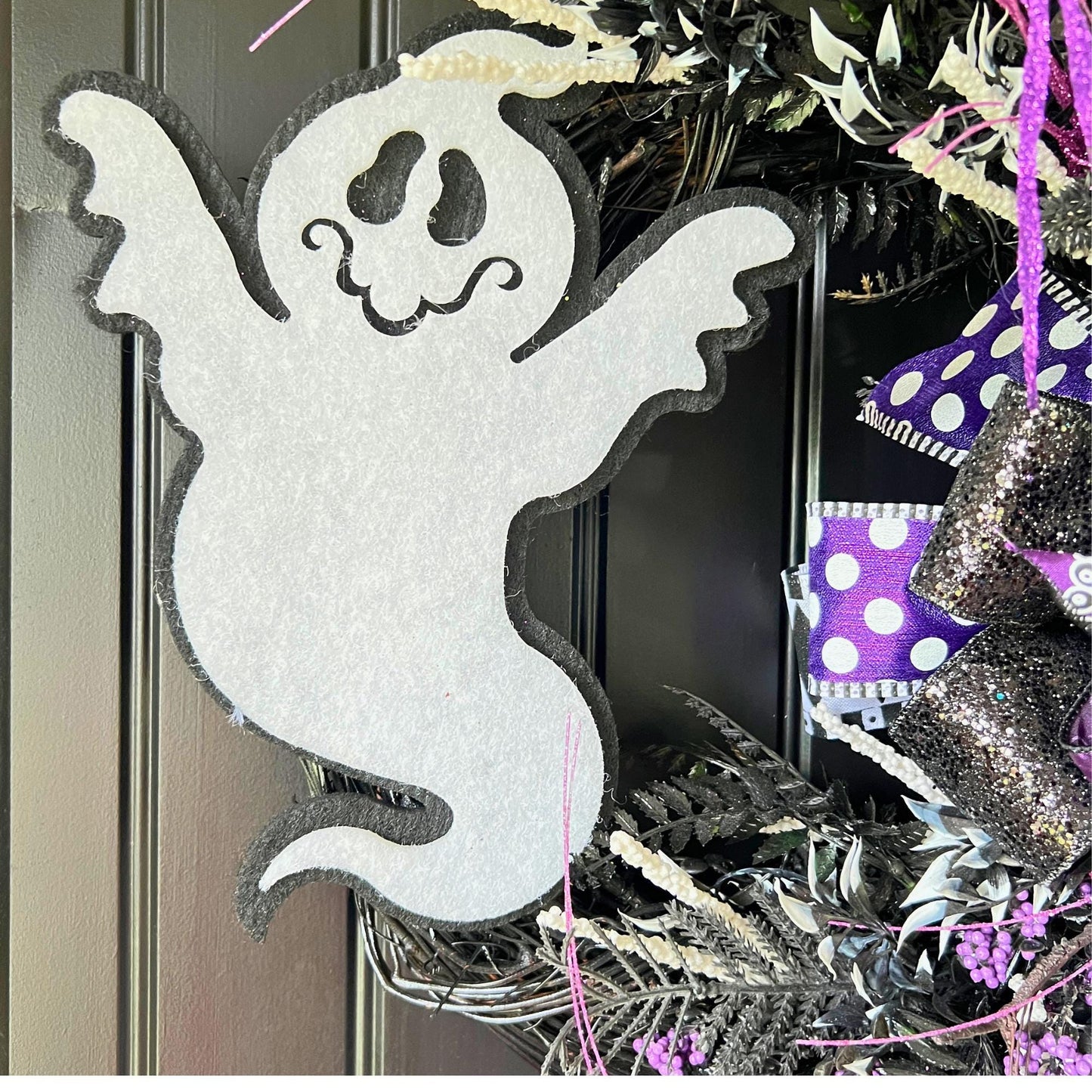 Handmade Purple Ghost Halloween Wreath, Black Grapevine Door Decor, Spooky Seasonal Accent