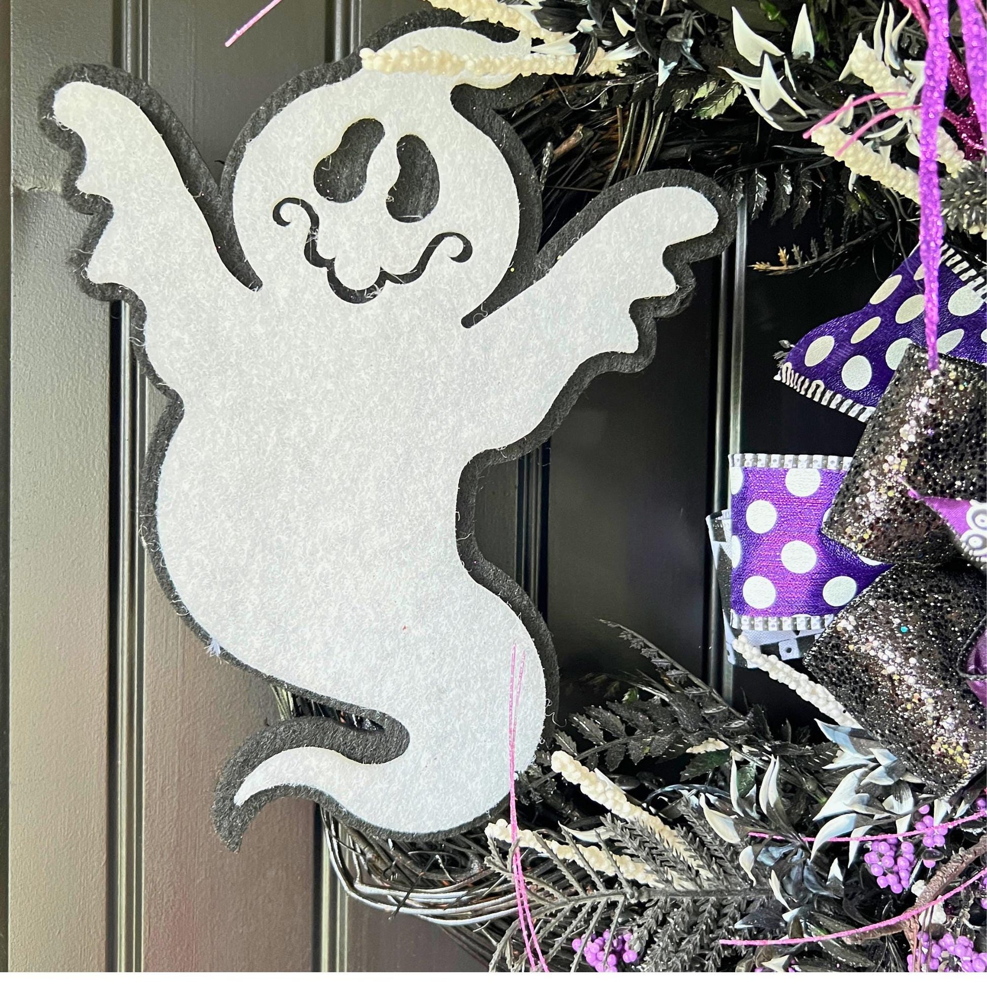 Handmade Purple Ghost Halloween Wreath, Black Grapevine Door Decor, Spooky Seasonal Accent