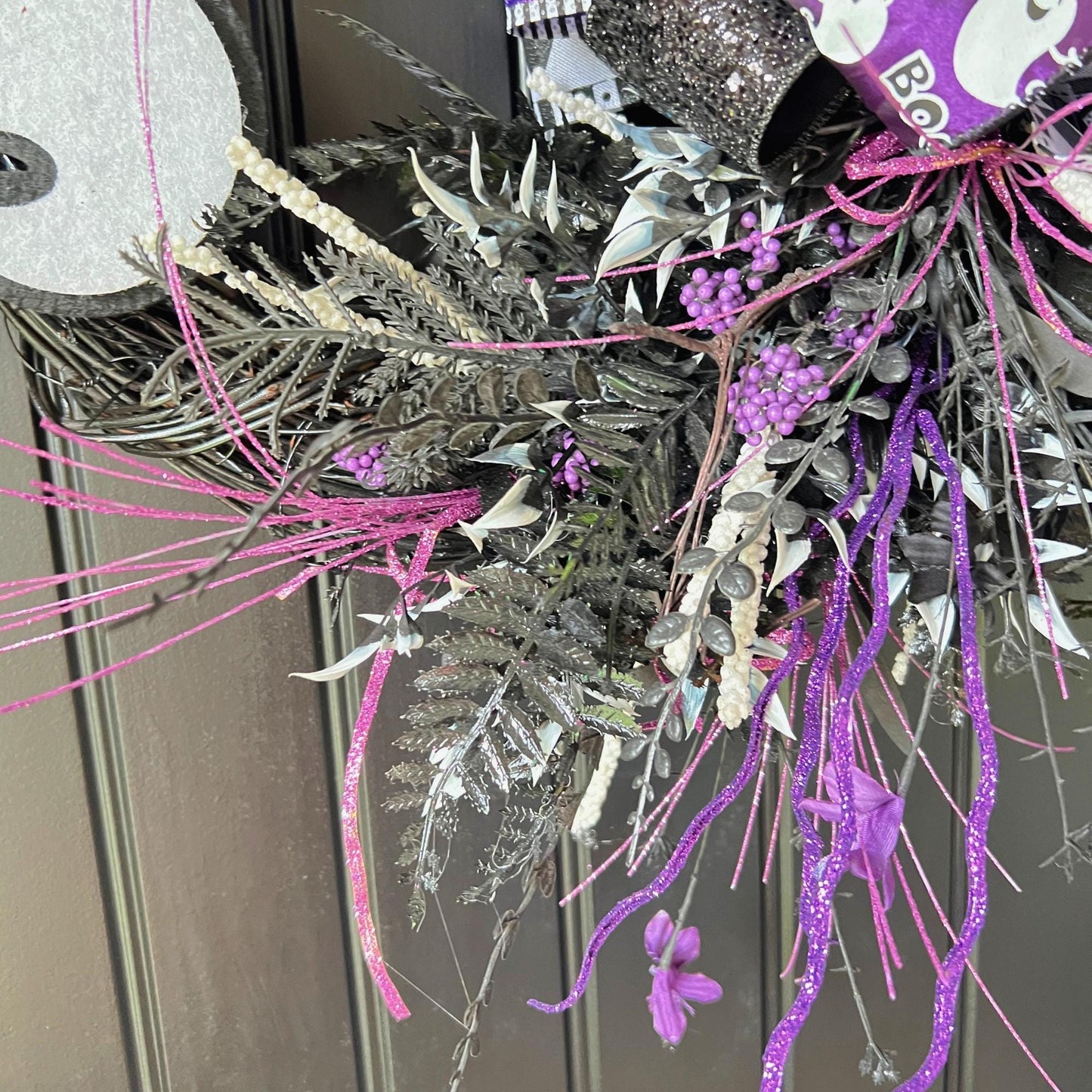 Handmade Purple Ghost Halloween Wreath, Black Grapevine Door Decor, Spooky Seasonal Accent