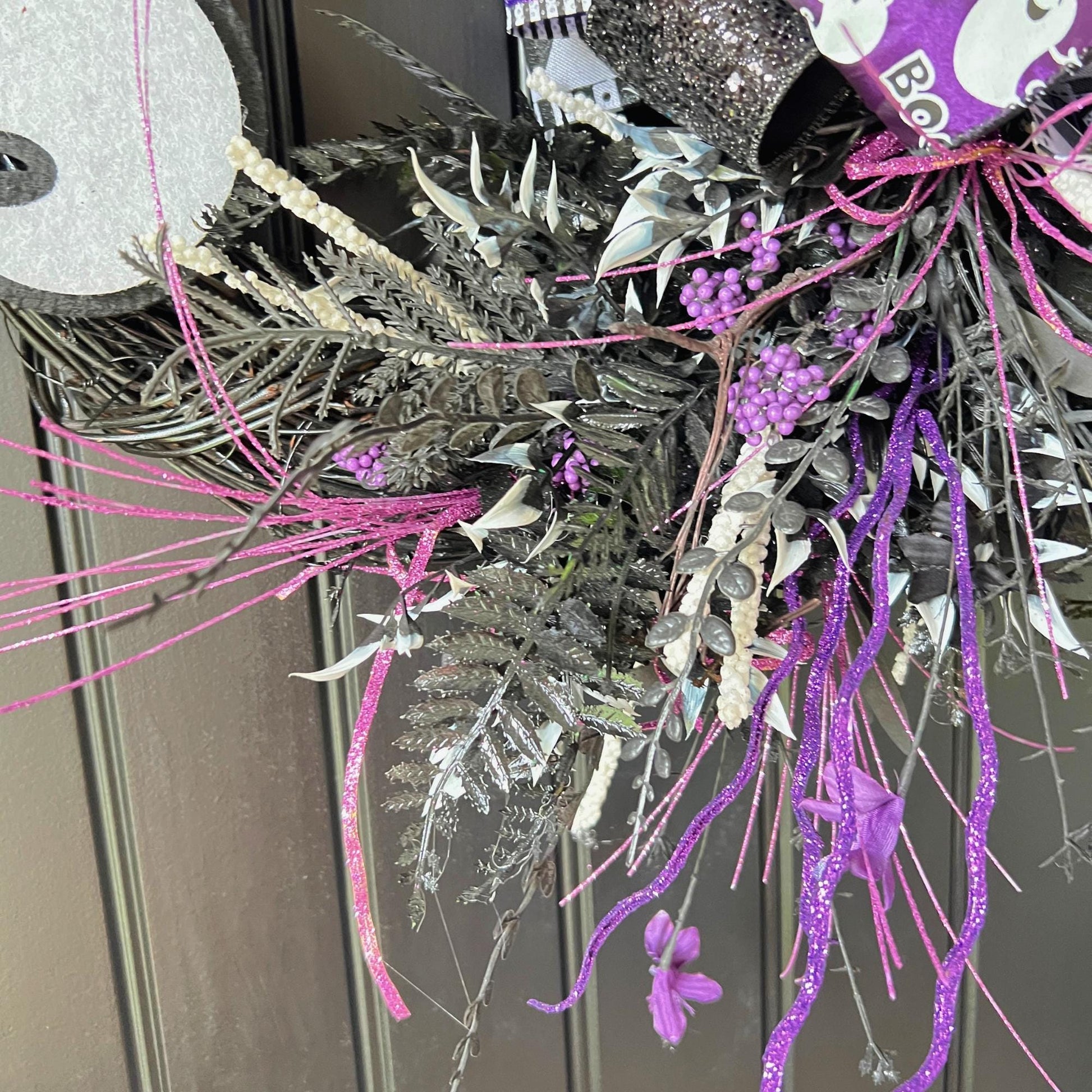 Handmade Purple Ghost Halloween Wreath, Black Grapevine Door Decor, Spooky Seasonal Accent