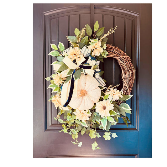 Cream Velvet Pumpkin Wreath, Neutral Farmhouse Autumn Door Decor