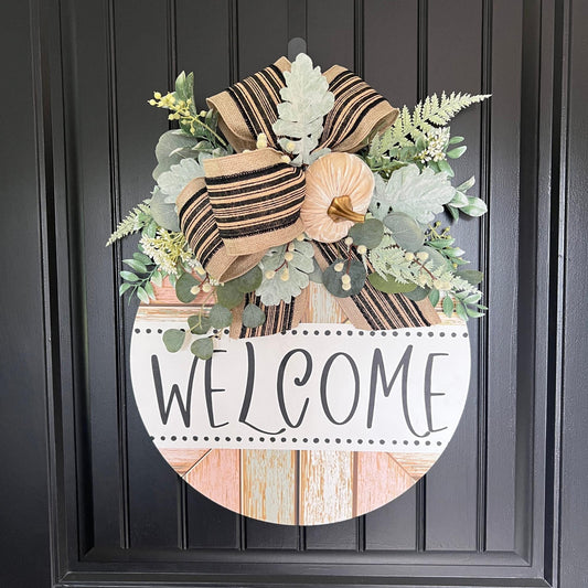 Neutral Fall Welcome Door Hanger, Velvet Pumpkin, Striped Bow, Farmhouse Autumn Decor
