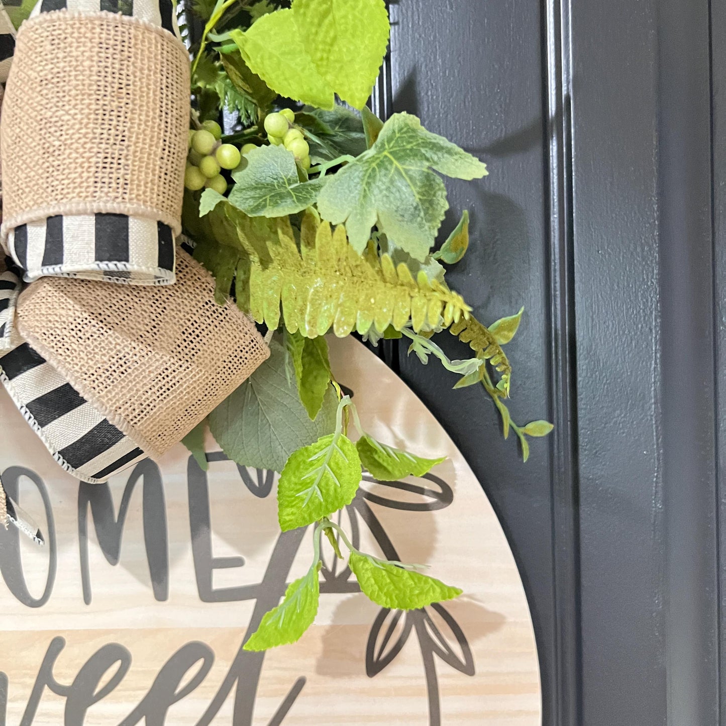 Farmhouse "Home Sweet Home" Door Hanger, Neutral Burlap Bow Greenery Sign