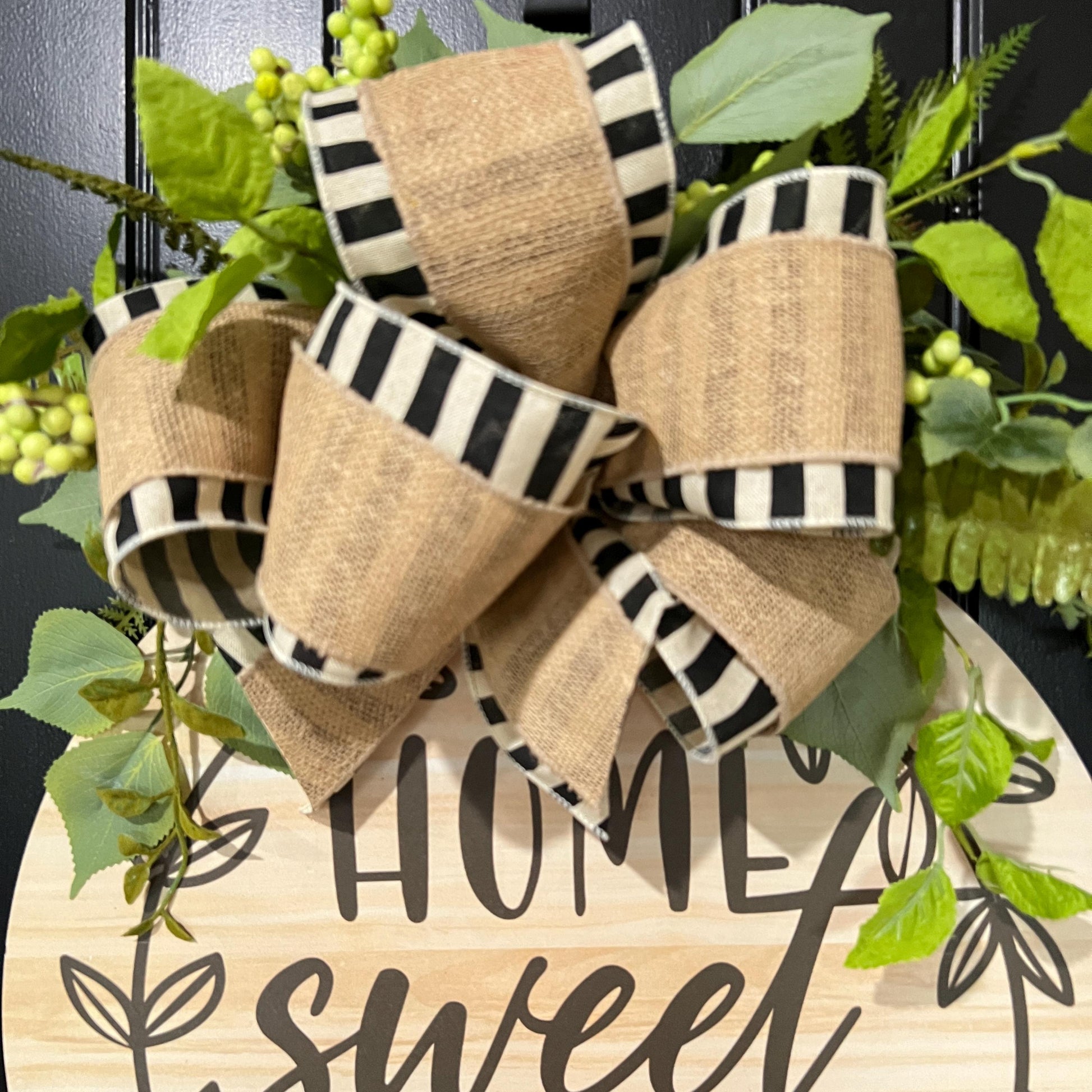 Farmhouse "Home Sweet Home" Door Hanger, Neutral Burlap Bow Greenery Sign