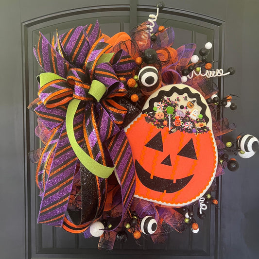 Halloween Pumpkin Cookie Mesh Wreath, Jack O" Lantern Wreath, Front Door Decor, Fun Halloween Decoration