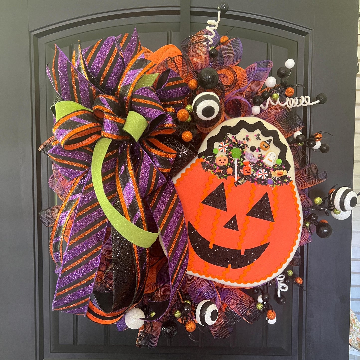 Halloween Pumpkin Cookie Mesh Wreath, Jack O" Lantern Wreath, Front Door Decor, Fun Halloween Decoration