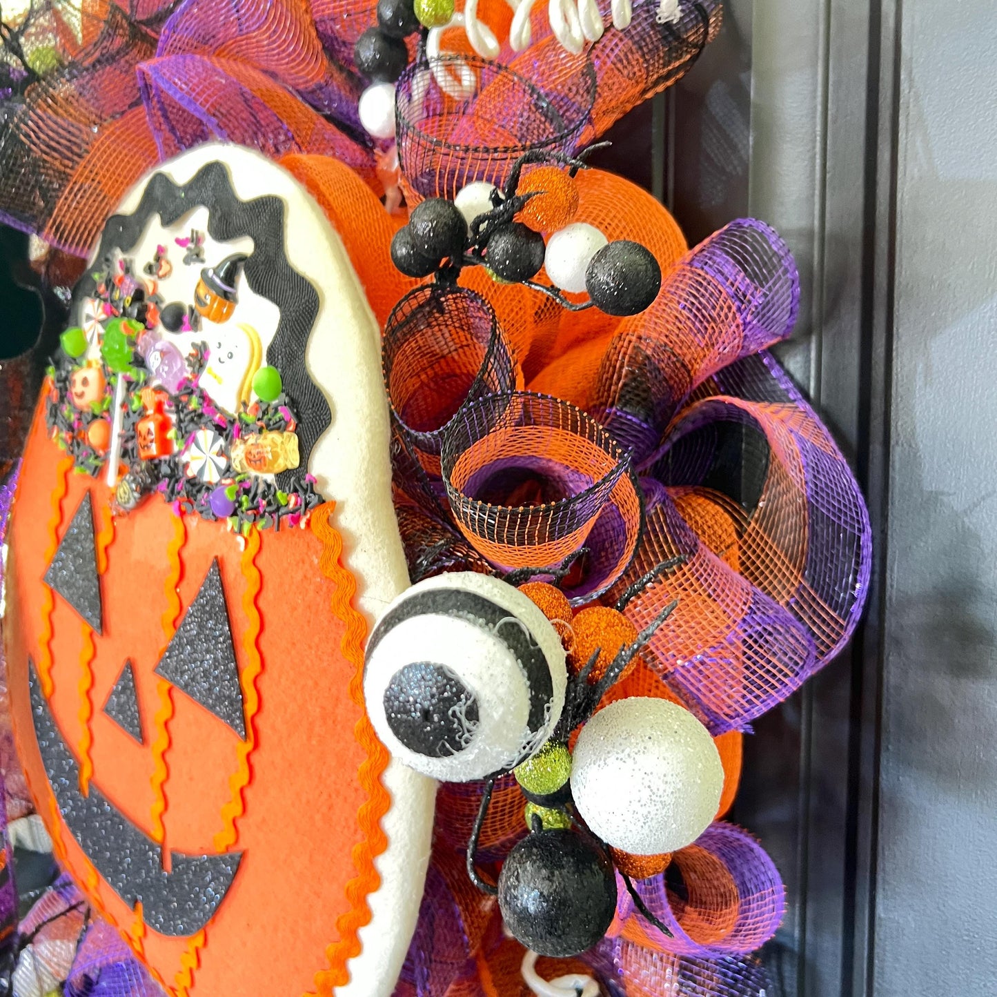 Halloween Pumpkin Cookie Mesh Wreath, Jack O" Lantern Wreath, Front Door Decor, Fun Halloween Decoration
