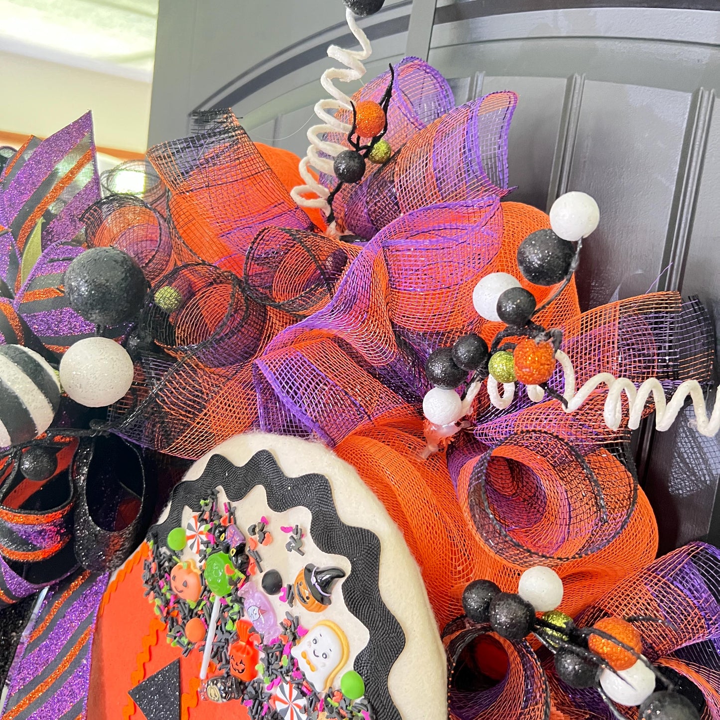 Halloween Pumpkin Cookie Mesh Wreath, Jack O" Lantern Wreath, Front Door Decor, Fun Halloween Decoration