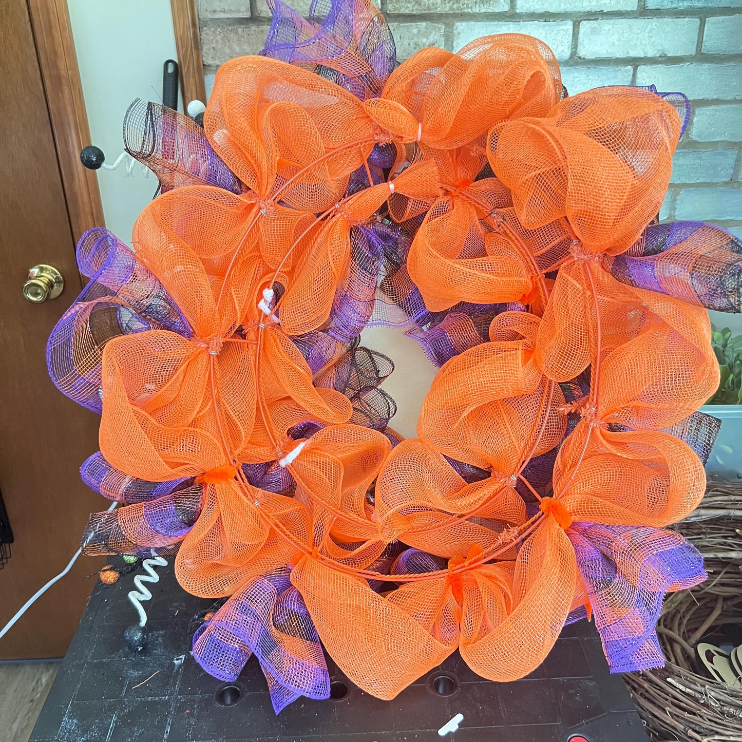Halloween Pumpkin Cookie Mesh Wreath, Jack O" Lantern Wreath, Front Door Decor, Fun Halloween Decoration
