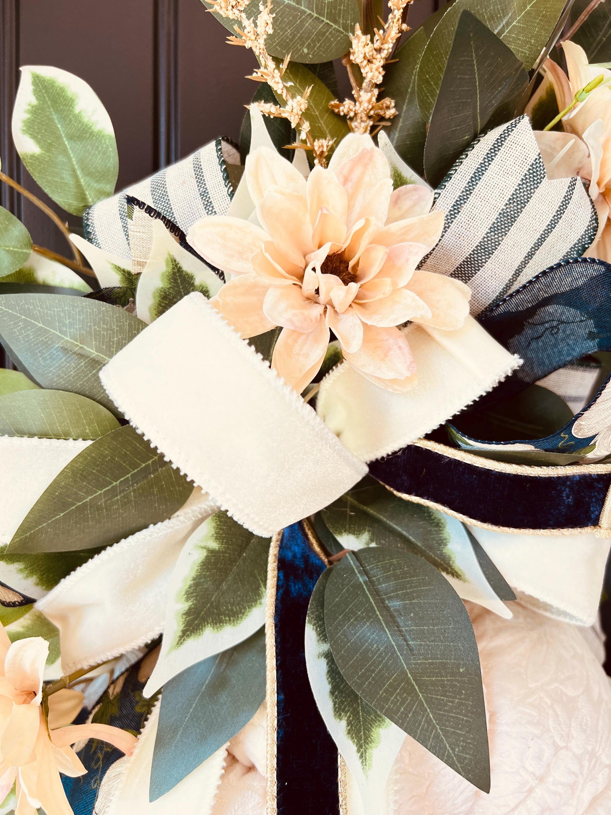 Cream Velvet Pumpkin Wreath, Neutral Farmhouse Autumn Door Decor