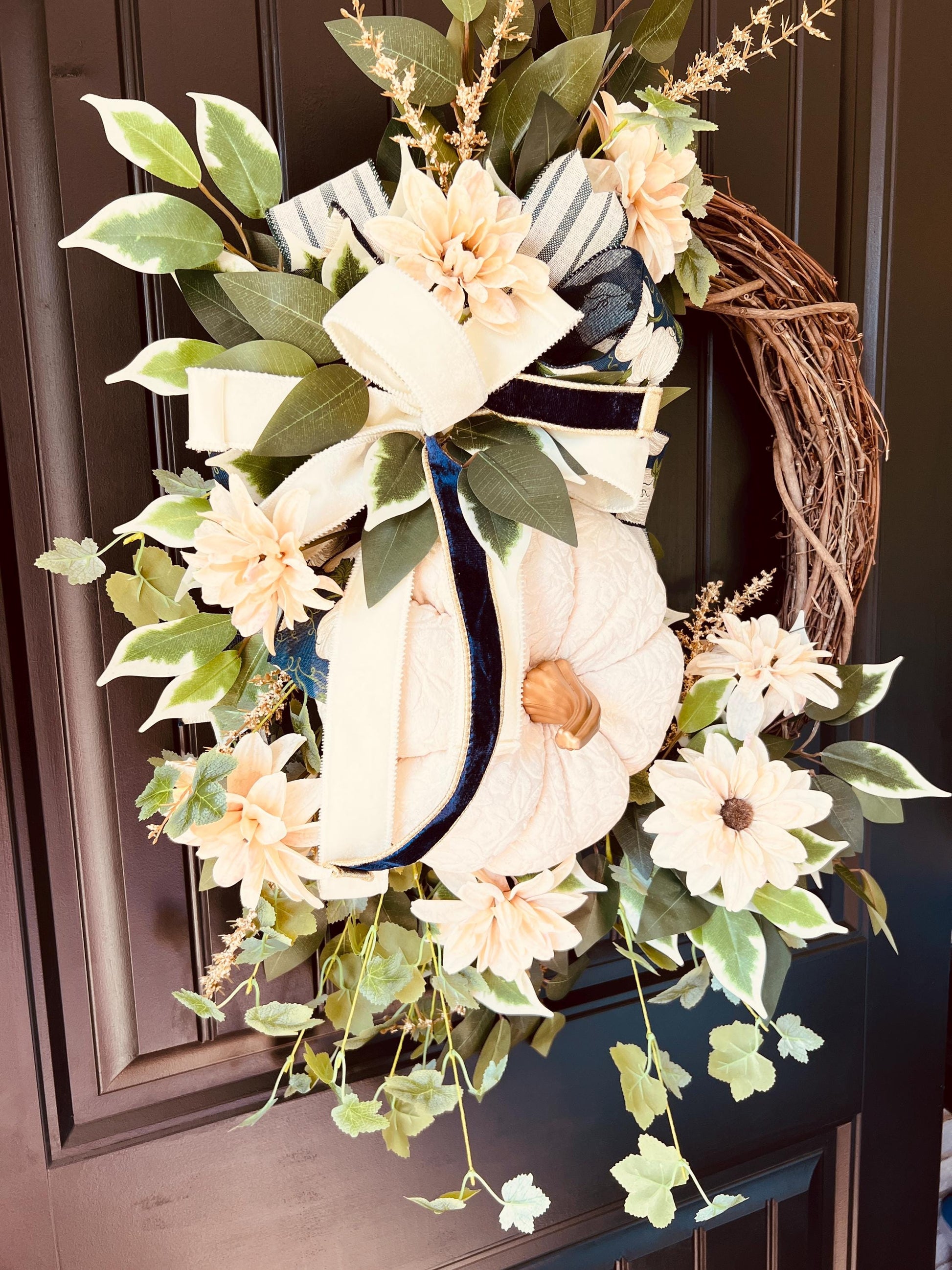 Cream Velvet Pumpkin Wreath, Neutral Farmhouse Autumn Door Decor