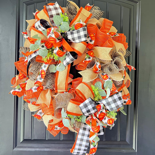 Handcrafted Fall Wreath | Orange Buffalo Check, Burlap, Eucalyptus, Pumpkins