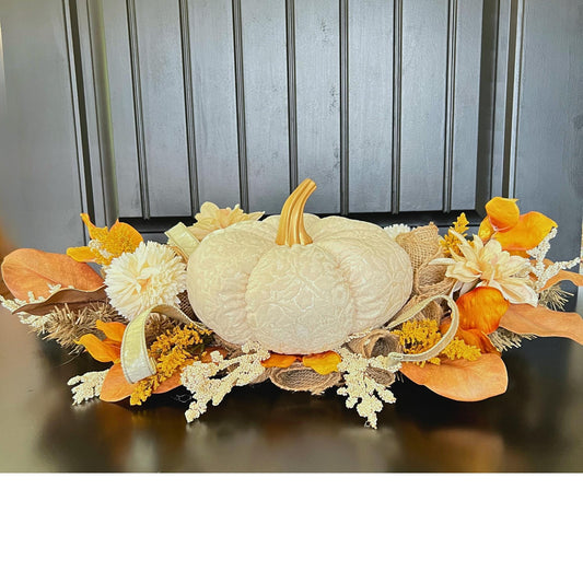 Handcrafted Cream Velvet Pumpkin Fall Centerpiece, Farmhouse Autumn Decor