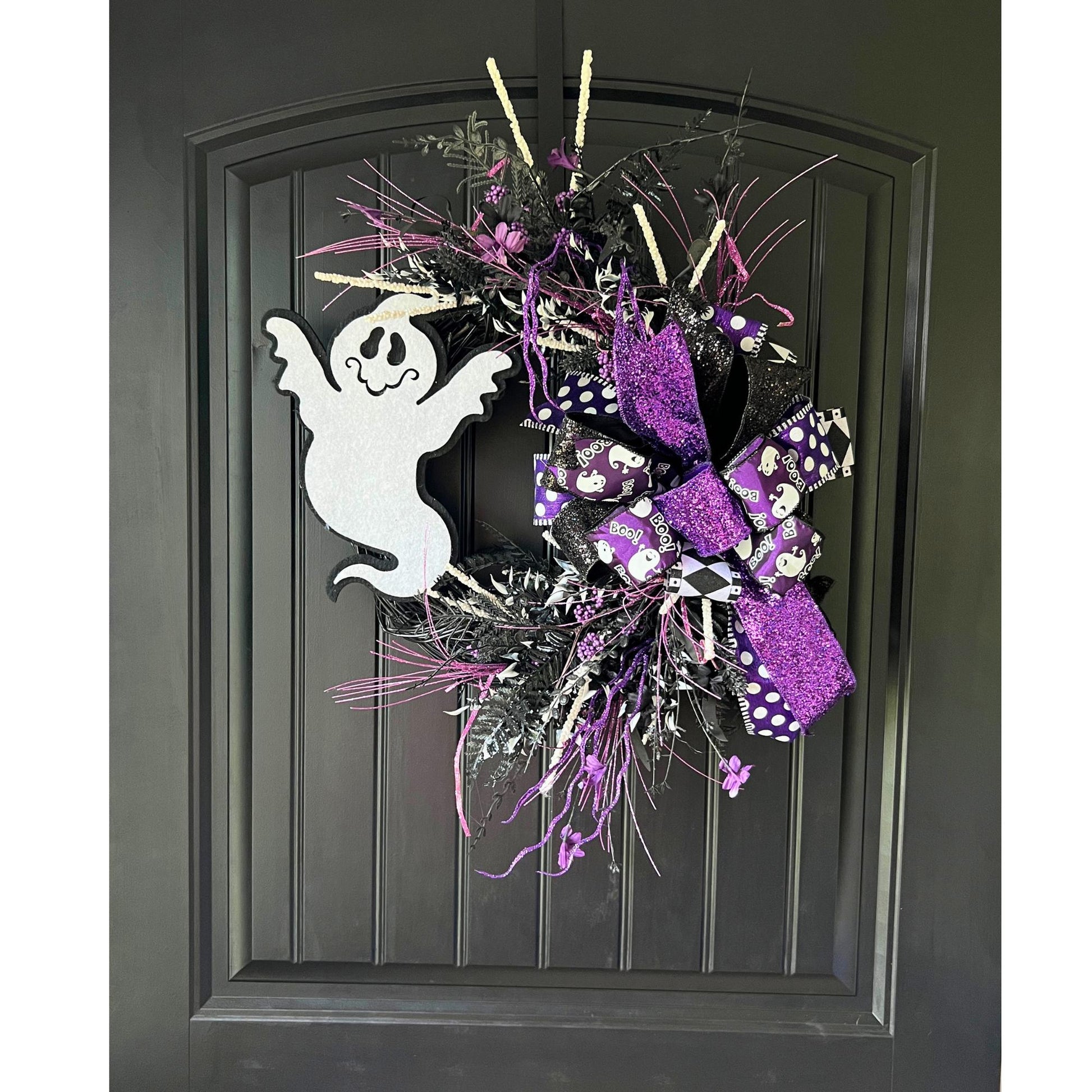 Handmade Purple Ghost Halloween Wreath, Black Grapevine Door Decor, Spooky Seasonal Accent