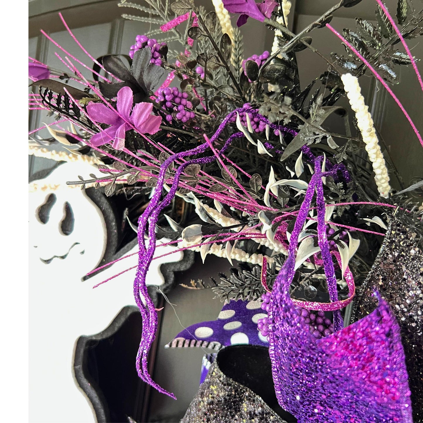 Handmade Purple Ghost Halloween Wreath, Black Grapevine Door Decor, Spooky Seasonal Accent