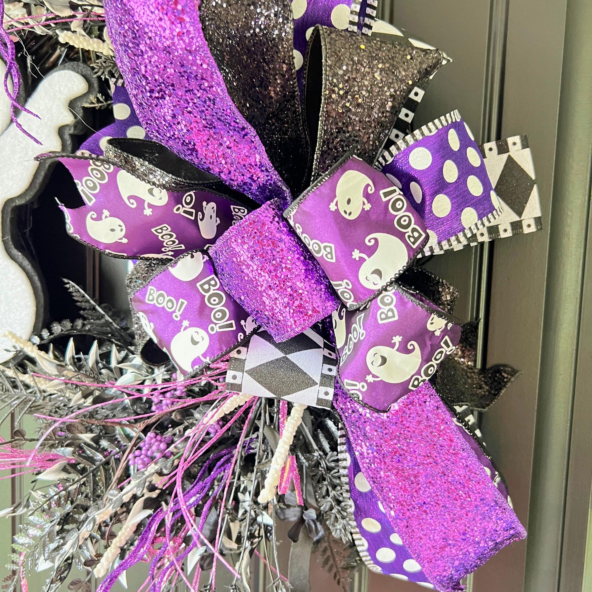Handmade Purple Ghost Halloween Wreath, Black Grapevine Door Decor, Spooky Seasonal Accent