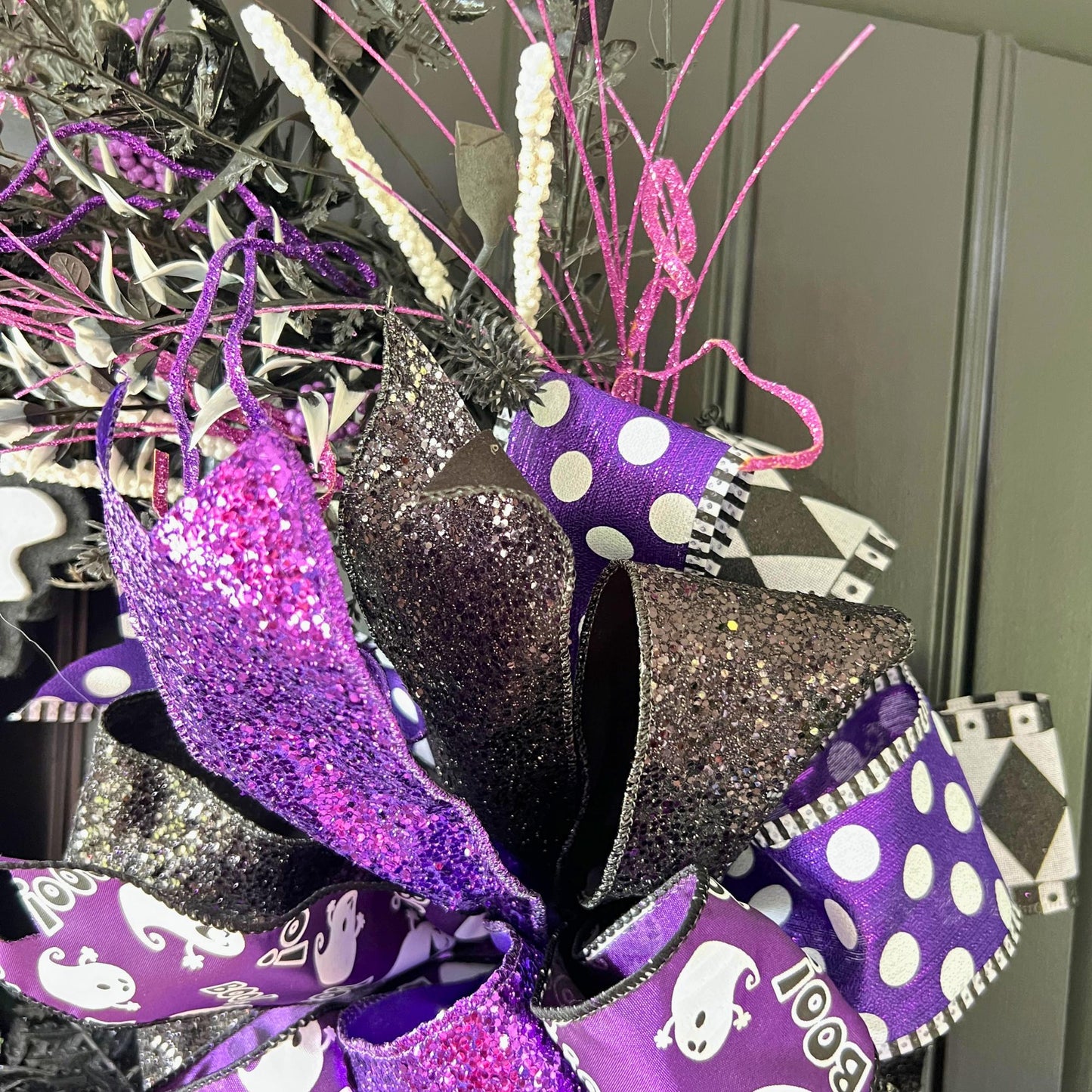Handmade Purple Ghost Halloween Wreath, Black Grapevine Door Decor, Spooky Seasonal Accent