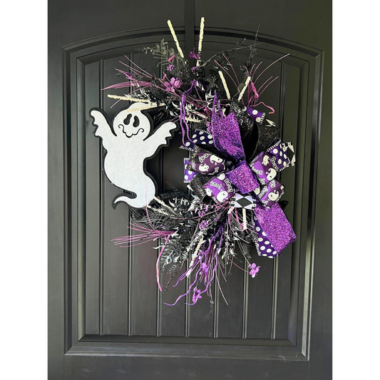 Handmade Purple Ghost Halloween Wreath, Black Grapevine Door Decor, Spooky Seasonal Accent