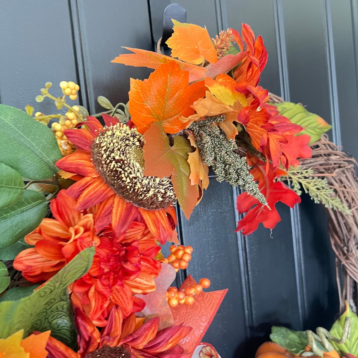Handmade Sunflower Pumpkin Wreath, Rustic Fall Grapevine Door Decor