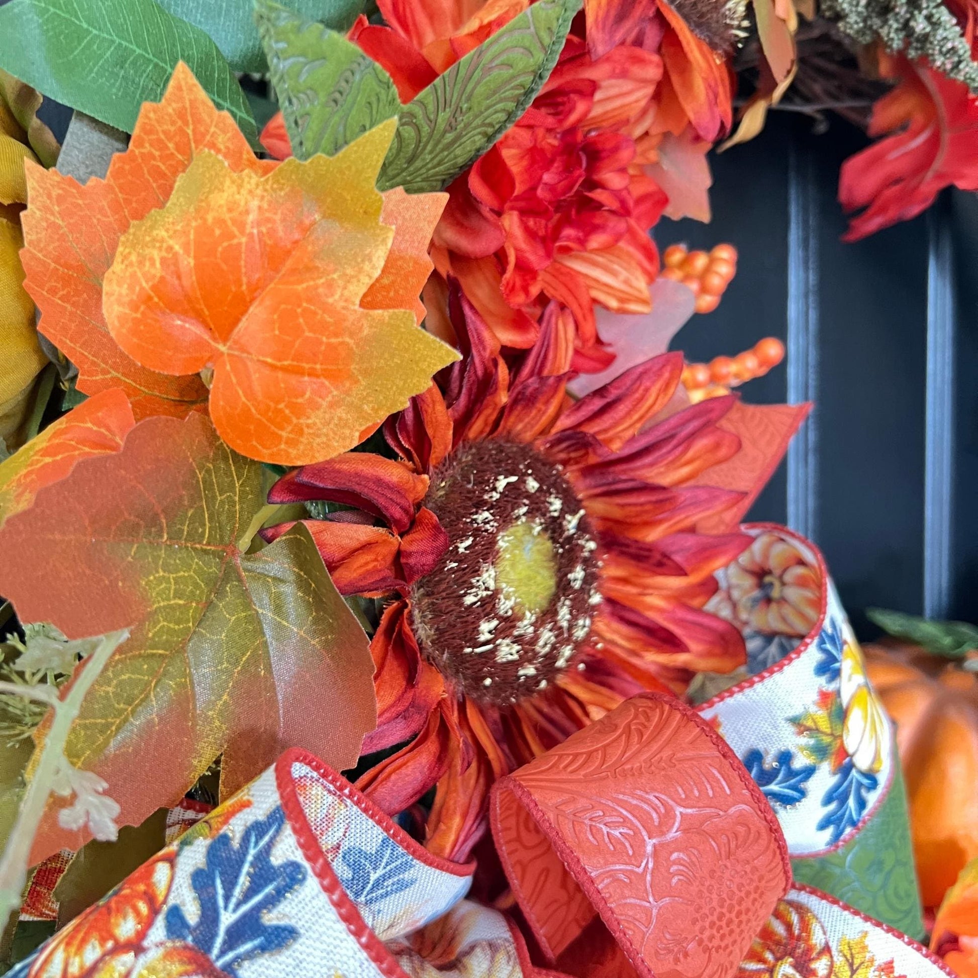Handmade Sunflower Pumpkin Wreath, Rustic Fall Grapevine Door Decor