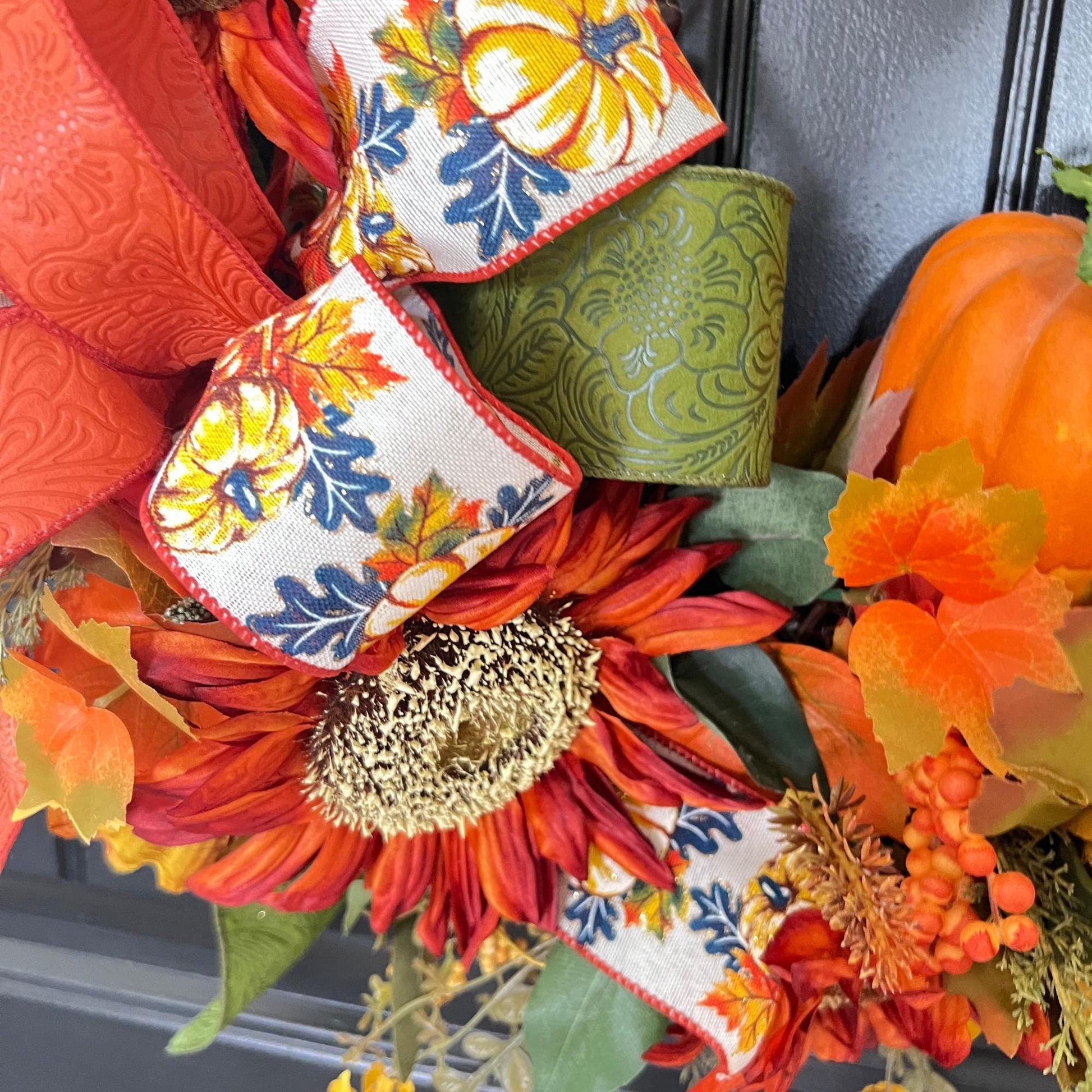 Handmade Sunflower Pumpkin Wreath, Rustic Fall Grapevine Door Decor