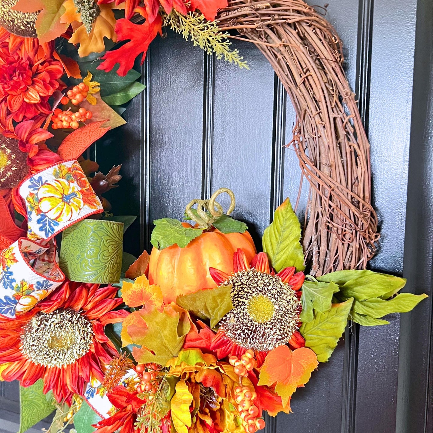 Handmade Sunflower Pumpkin Wreath, Rustic Fall Grapevine Door Decor
