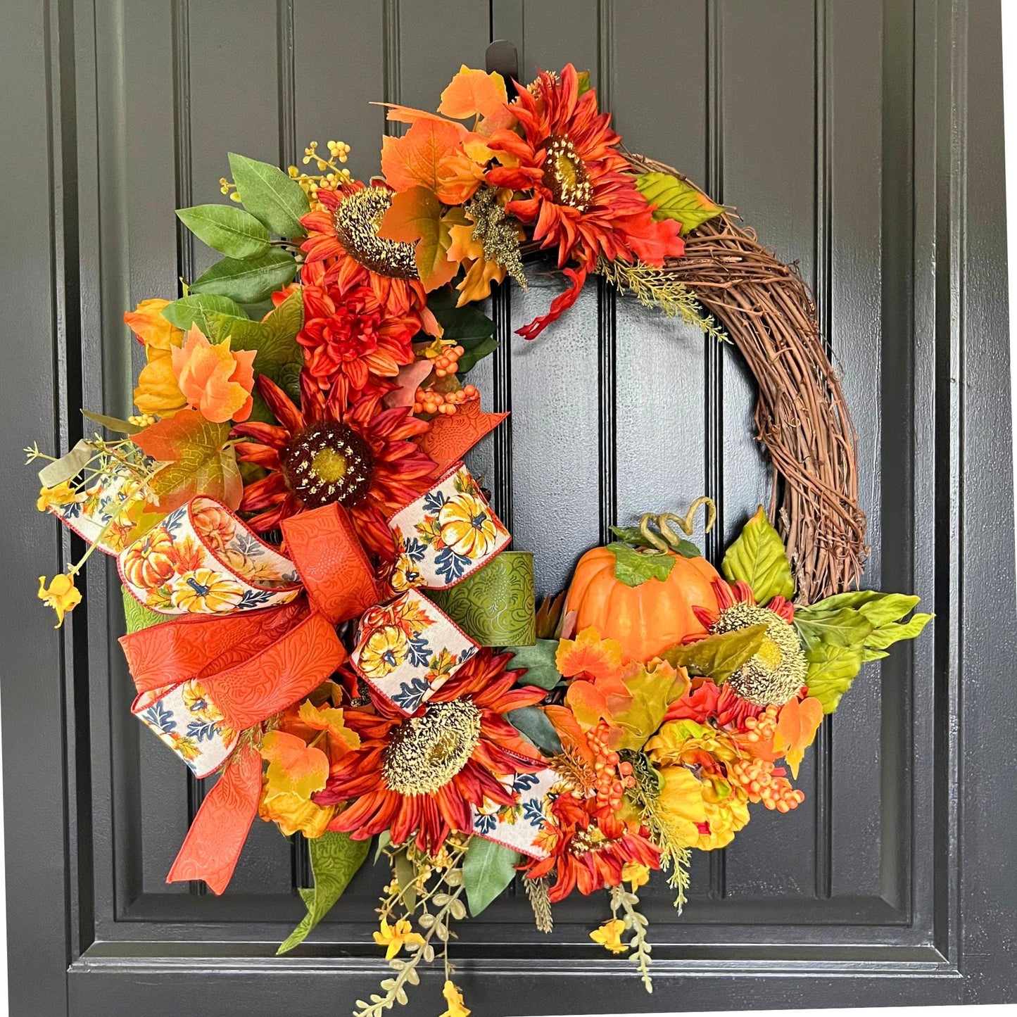 Handmade Sunflower Pumpkin Wreath, Rustic Fall Grapevine Door Decor
