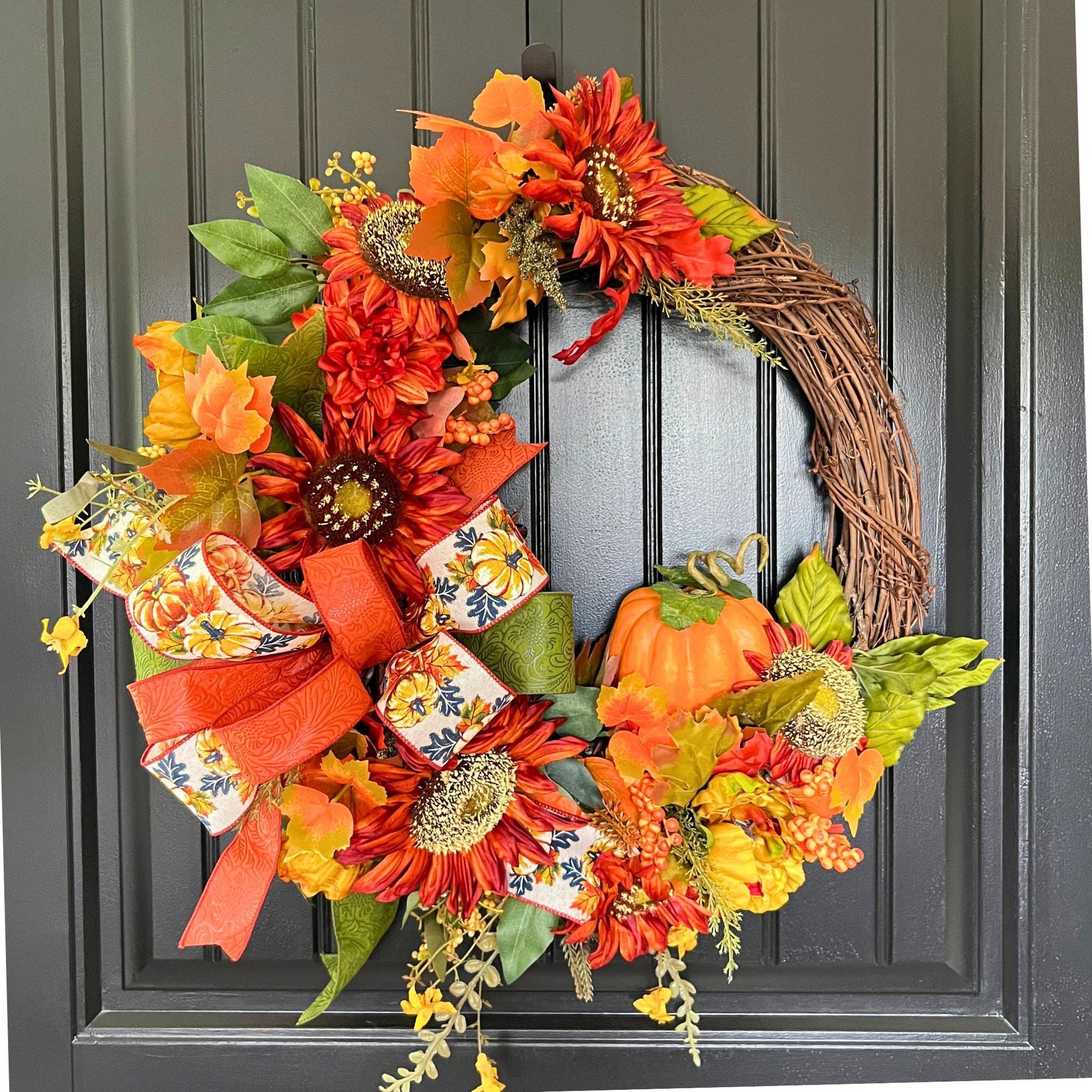 Handmade Sunflower Pumpkin Wreath, Rustic Fall Grapevine Door Decor