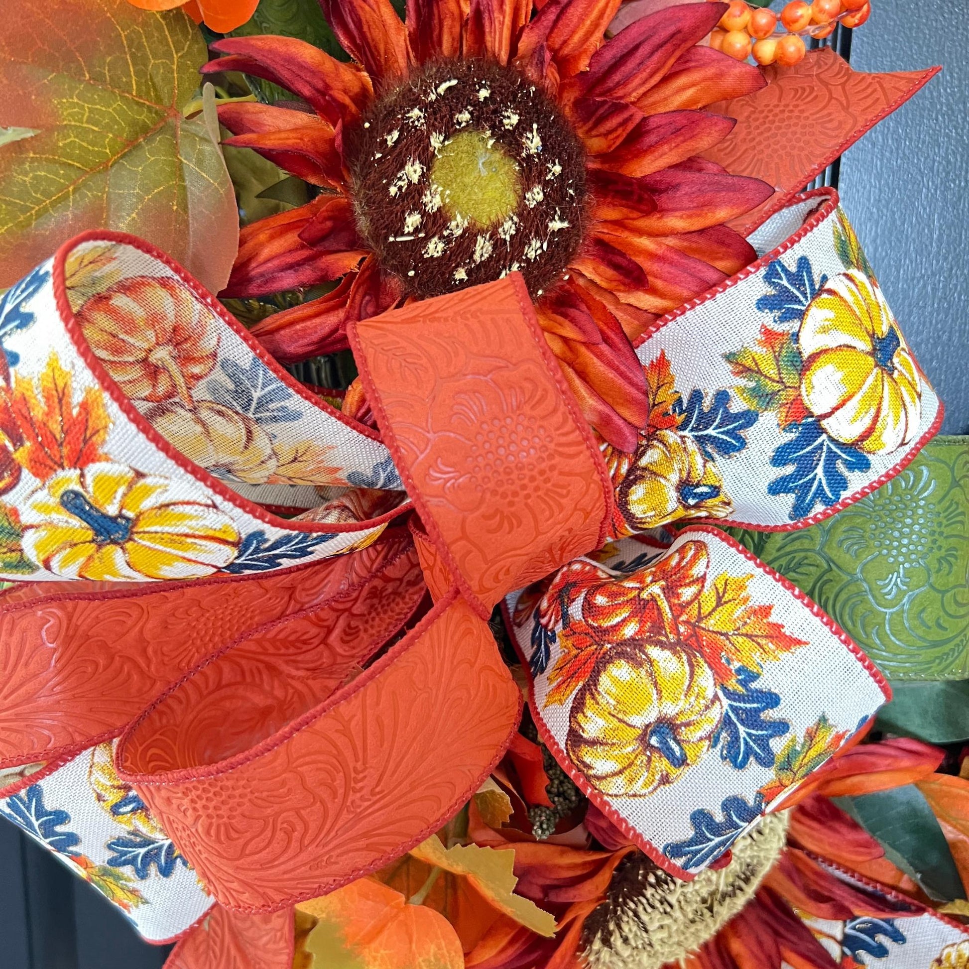Handmade Sunflower Pumpkin Wreath, Rustic Fall Grapevine Door Decor