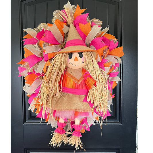 Handmade Scarecrow Wreath, Pink Orange Burlap Harvest Door Decor