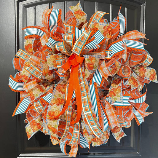 Fall Pumpkin Mesh Ribbon Wreath, Orange and Teal Autumn Front Door Wreath, Large Farmhouse Thanksgiving Door Decor