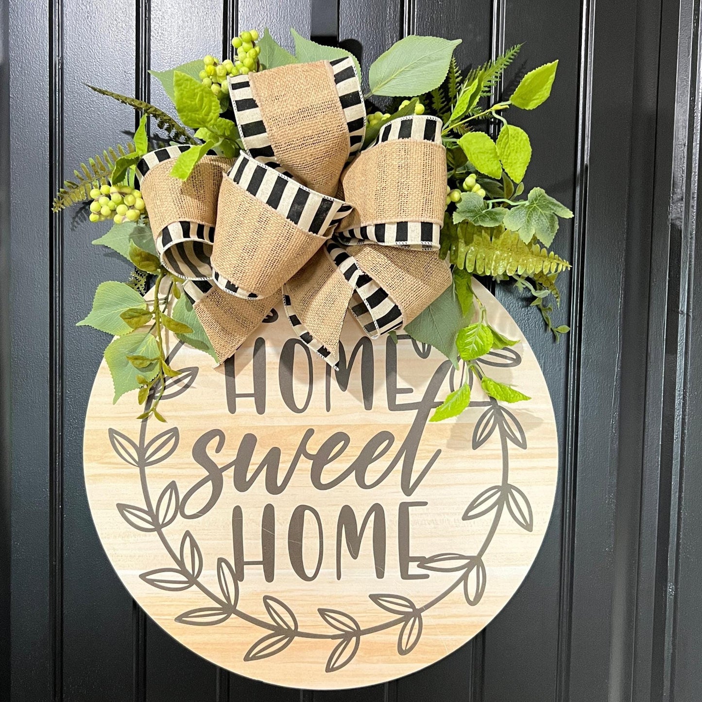 Farmhouse "Home Sweet Home" Door Hanger, Neutral Burlap Bow Greenery Sign