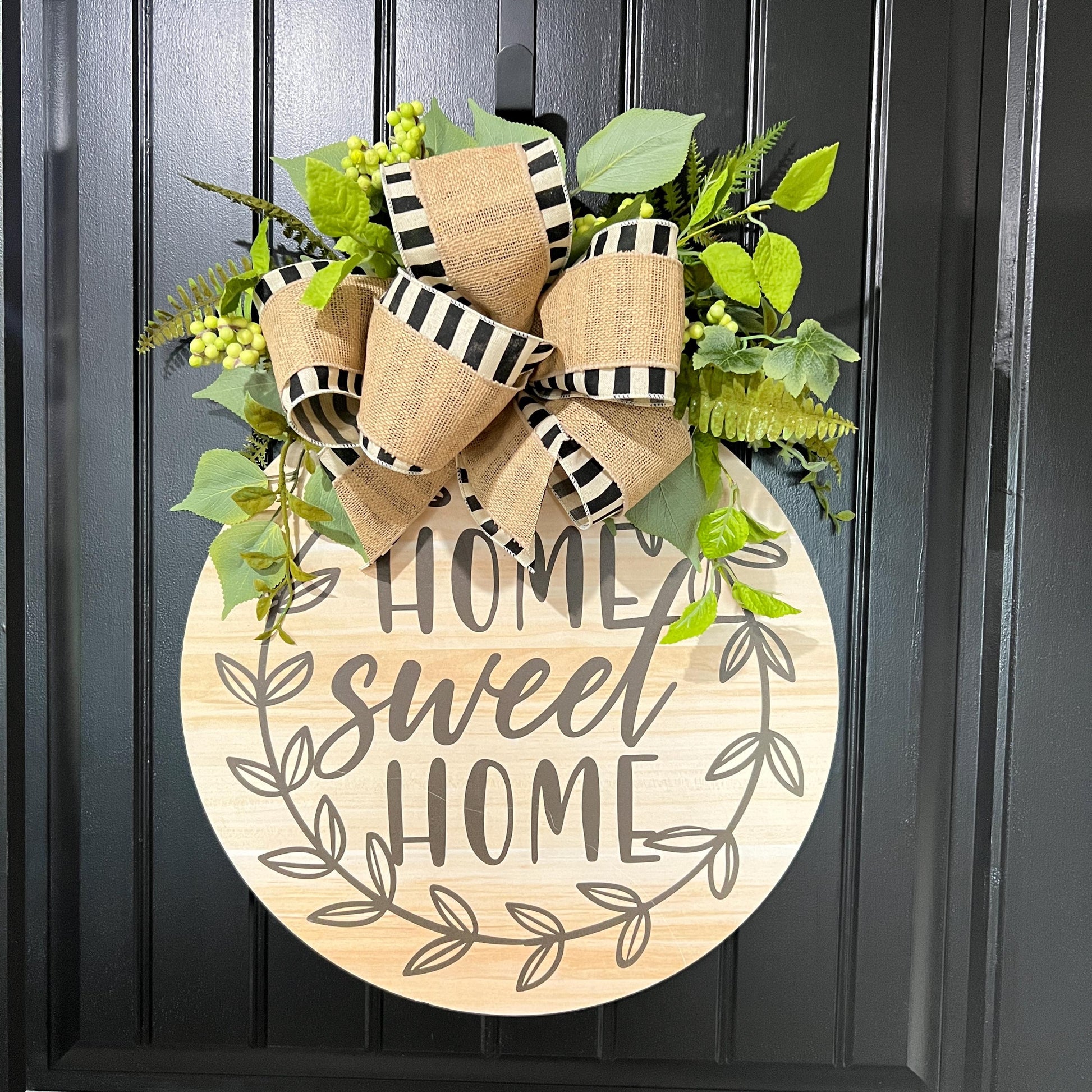Farmhouse "Home Sweet Home" Door Hanger, Neutral Burlap Bow Greenery Sign