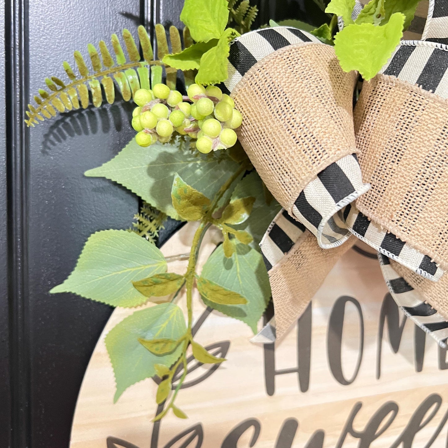 Farmhouse "Home Sweet Home" Door Hanger, Neutral Burlap Bow Greenery Sign