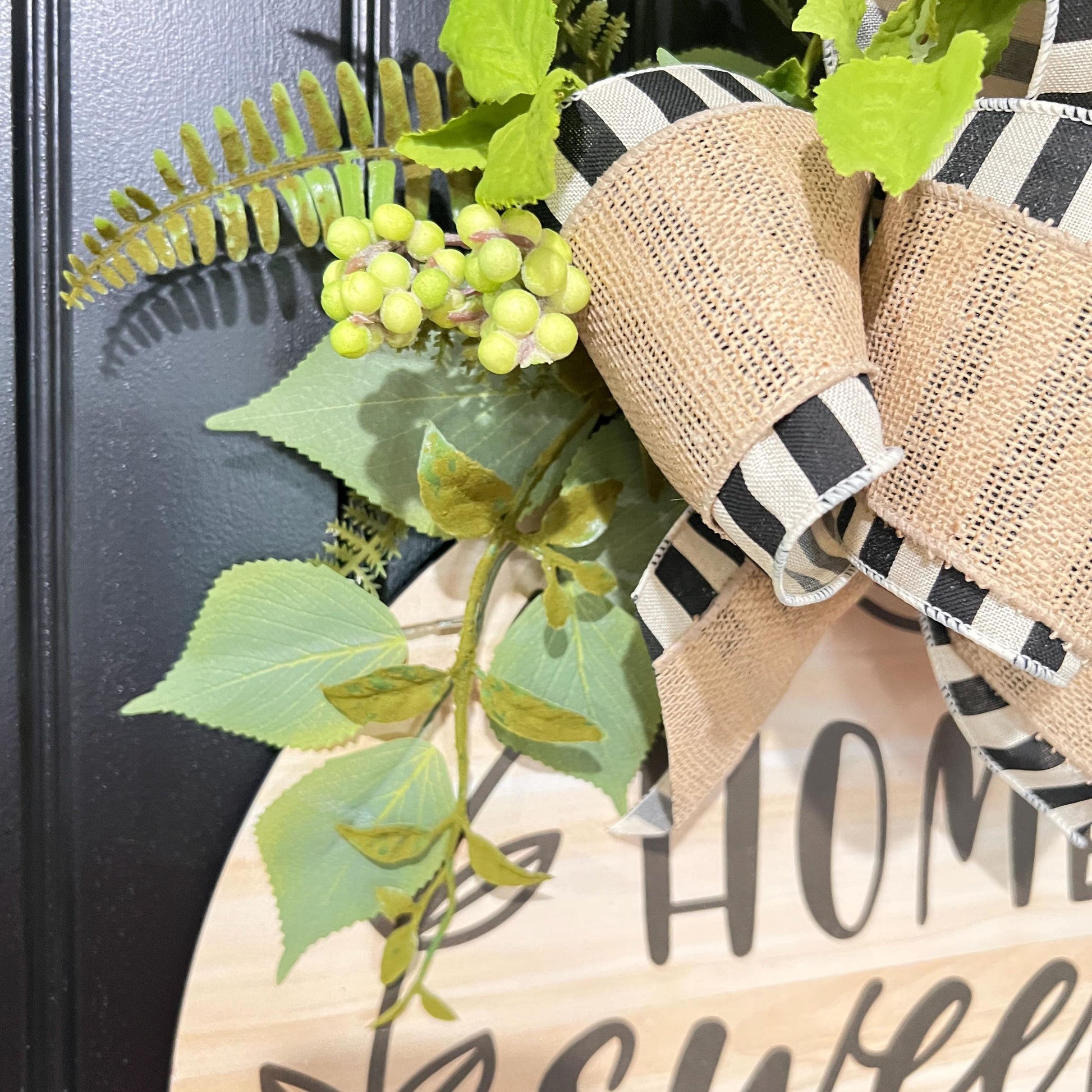 Farmhouse "Home Sweet Home" Door Hanger, Neutral Burlap Bow Greenery Sign