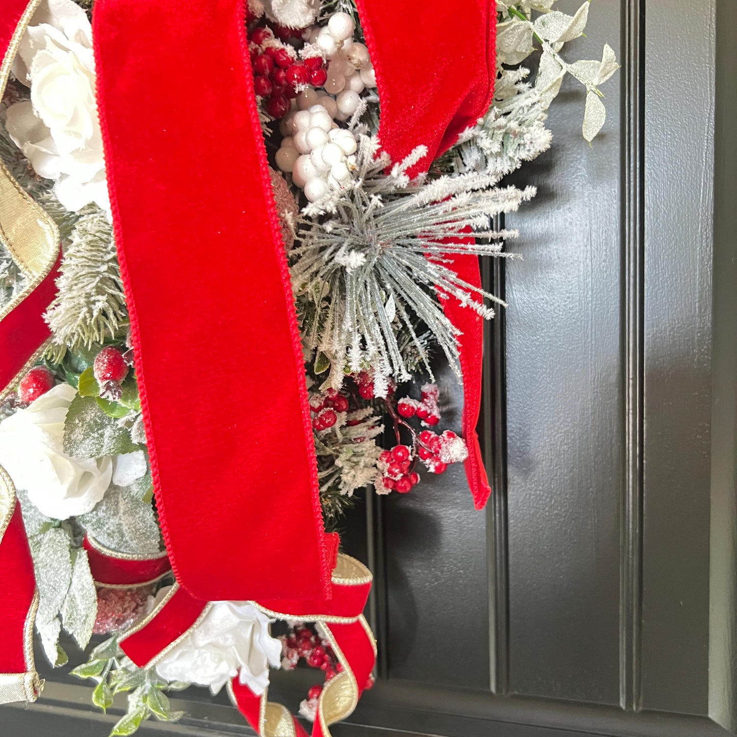 Flocked Evergreen Christmas Swag, Red Velvet Bow Door Decor, Winter Holiday Accent