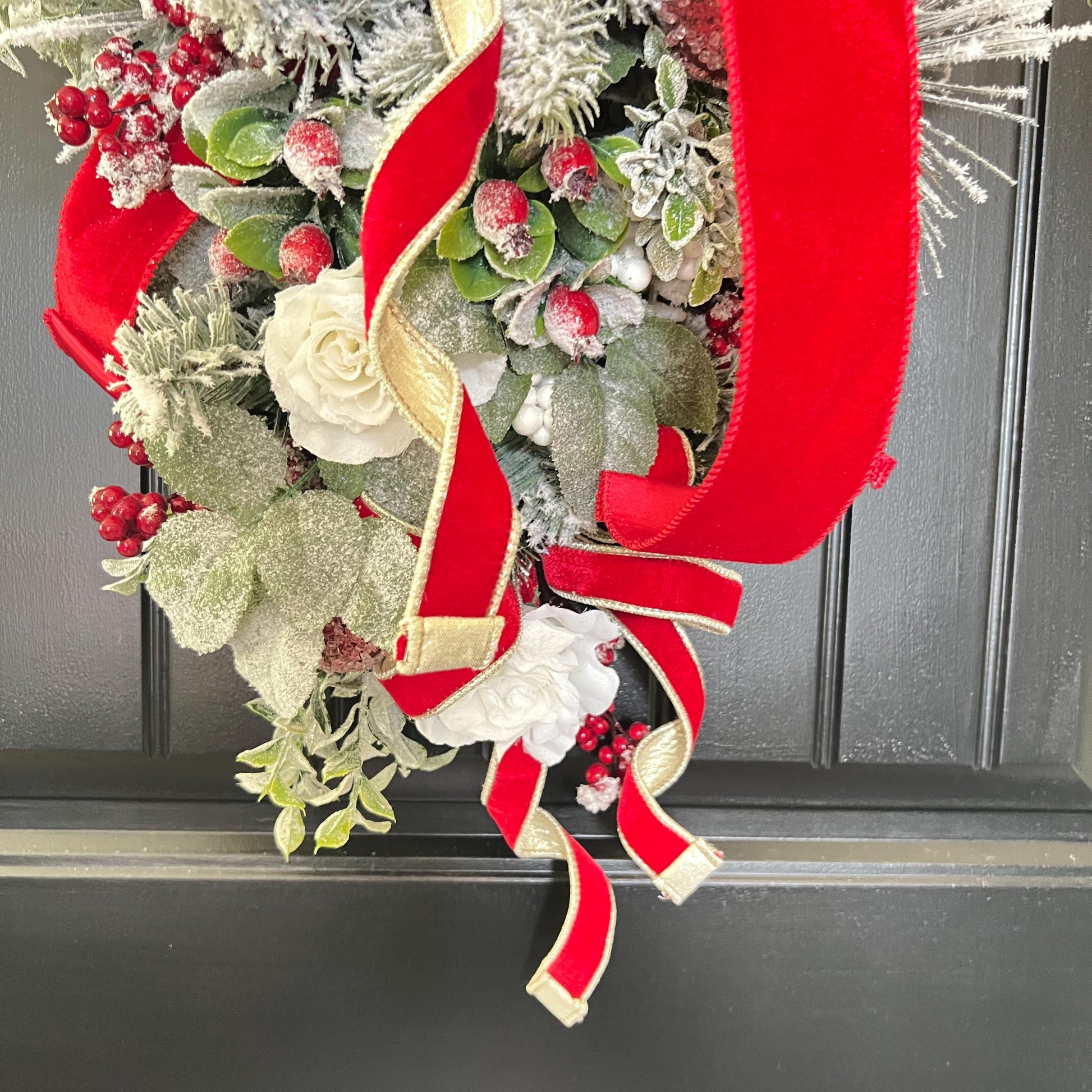 Flocked Evergreen Christmas Swag, Red Velvet Bow Door Decor, Winter Holiday Accent