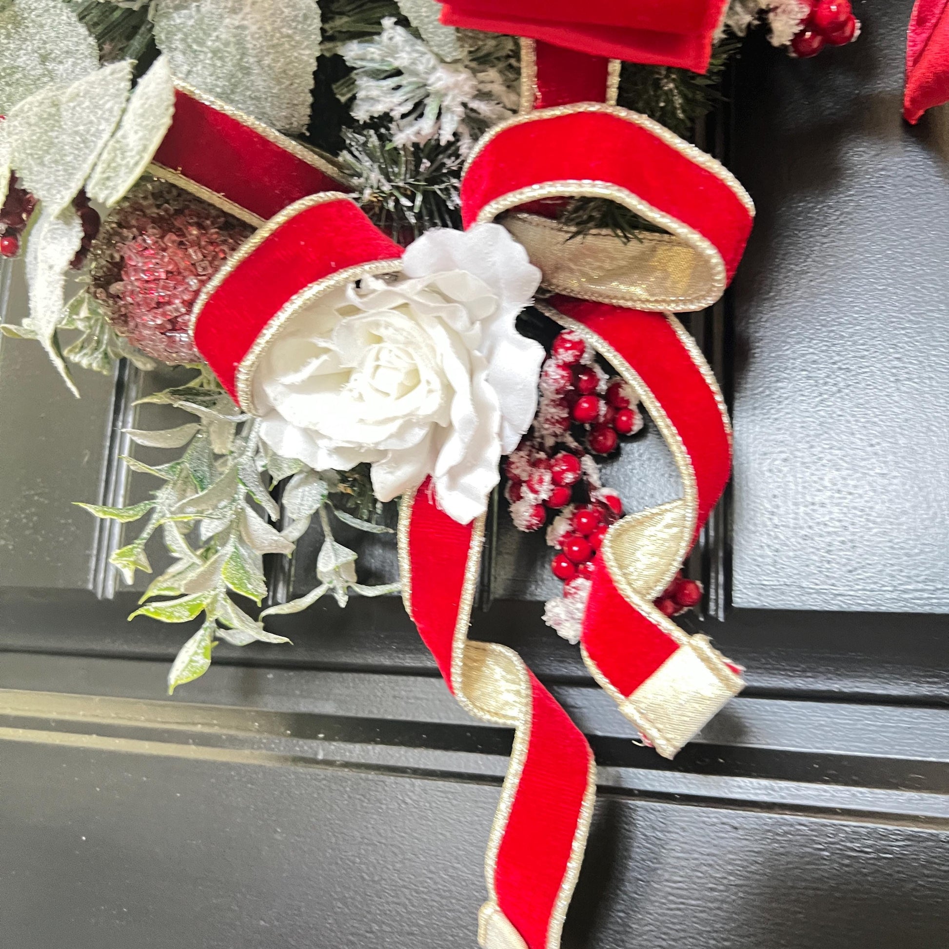 Flocked Evergreen Christmas Swag, Red Velvet Bow Door Decor, Winter Holiday Accent